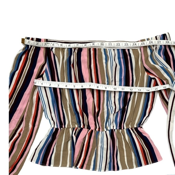 Lulu’s Off the Shoulder, Peplum Ruffled Cuff Bow Tie Cuffs Striped Top - Picture 12 of 13